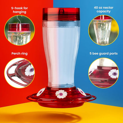 More Birds Bird Health+ Big Gulp Hummingbird Feeder, Glass Hummingbird Feeders for Outdoors, 5 Feeding Stations, 40 Ounces