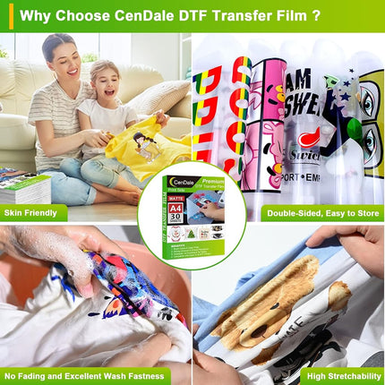 CenDale DTF Transfer Kit - A4 DTF Film & Powder, 30 Sheets, 14oz White Medium Powder, Direct-to-Film Transfer for Any Fabric