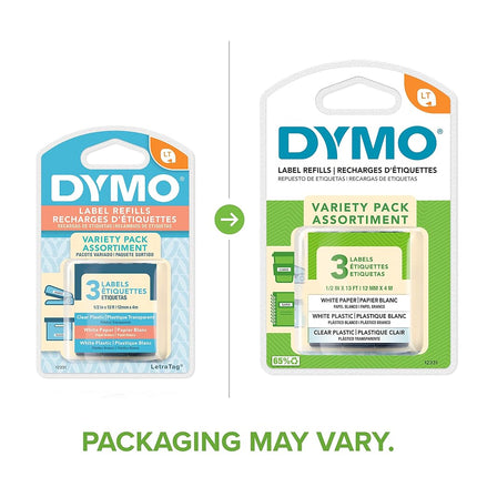 DYMO LetraTag Labeling Tape for LetraTag Label Makers, Black Print on White Paper, White Plastic and Clear Plastic Tapes, 1/2'' W x 13' L, 3 Rolls (12331)