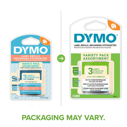 DYMO LetraTag Labeling Tape for LetraTag Label Makers, Black Print on White Paper, White Plastic and Clear Plastic Tapes, 1/2'' W x 13' L, 3 Rolls (12331)