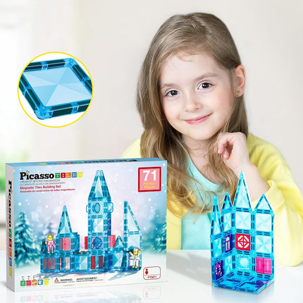 PicassoTiles 71pc Mini Diamond Series Winter Ice Theme Magnetic Tile Building Blocks 2 Character Action Figures Travel Size On-The-Go Magnet Construction Toy Set STEM Development Kit Ages 3+ PTM71