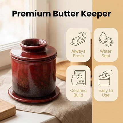 Pottery Butter Keeper Crock Butter Crock Red French Butter Dish Butter Crock for Counter with Water Ceramic French Butter Keeper Bell Shaped Butter Holder to Leave On Counter