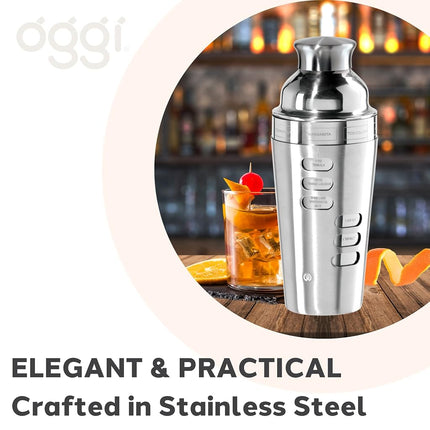 OGGI Dial A Drink Cocktail Shaker-23oz Stainless Steel Shaker, 8 Recipes, Stainless Steel Lid has Built in Strainer, Ideal Cocktail Mixer, Martini Shaker, Margarita Shaker & More, Stainless