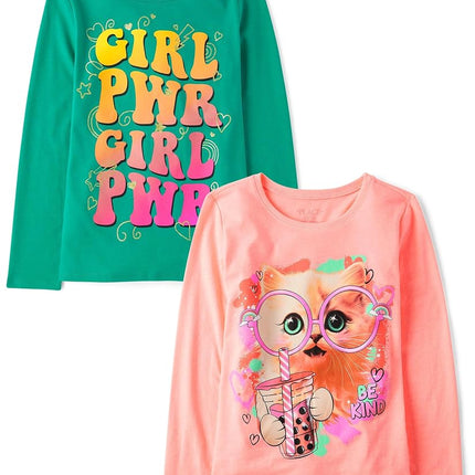 The Children's Place Girls' Assorted Everyday Long Sleeve Graphic T-Shirts, Multipack, Cat Glasses/Girl Pwr, Small