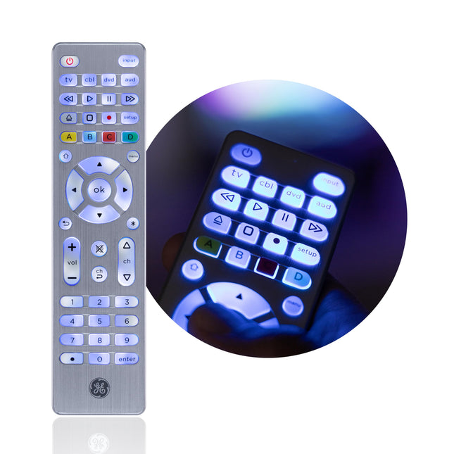 Télécommande universelle 4 appareils GE - Boutons rétroéclairés, remplacement Samsung, LG, Vizio, Sony, Roku et Apple TV, Argent, 48844