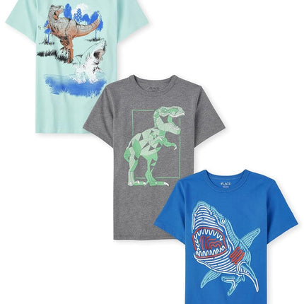 Camiseta gráfica de manga corta para niños The Children's Place, paquete de 3, dinosaurio/tiburón/dinosaurio y tiburón, extragrande