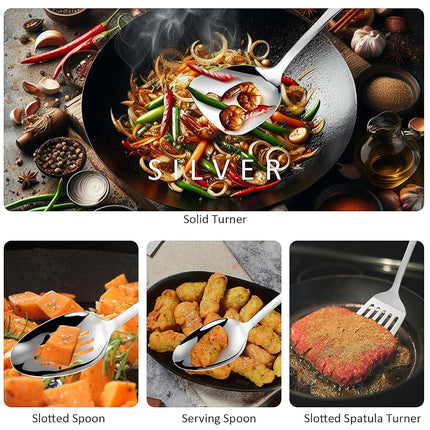 304 Stainless Steel Cooking Utensils Set,9PCS Metal Kitchen Utensils Set with Wooden Handle,Solid Spoon,Spatula,Ladle,Skimmer Spoon,Spaghetti Spoon,Dishwasher Safe