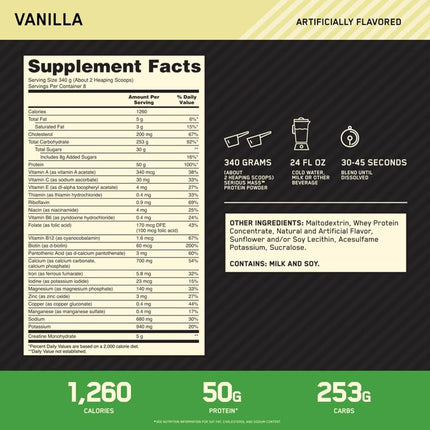 Optimum Nutrition Serious Mass Gainer Protein Powder, Vanilla, 6 Pound