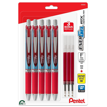 Bolígrafos Pentel Energel Deluxe RTX de 0.5 mm con punta de aguja - Juego de bolígrafos de gel líquido retráctiles - Paquete de 5 bolígrafos rojos con 3 repuestos