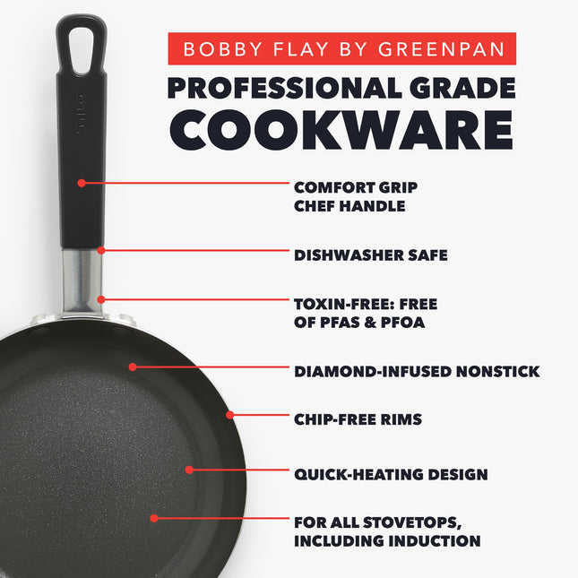GreenPan x Bobby Flay, sartén antiadherente de 8 pulgadas, cerámica de diamante sin PFAS, apta para inducción, mango de silicona frío al tacto, fácil de limpiar apta para lavavajillas y horno, sartén para huevos y tortillas, negra