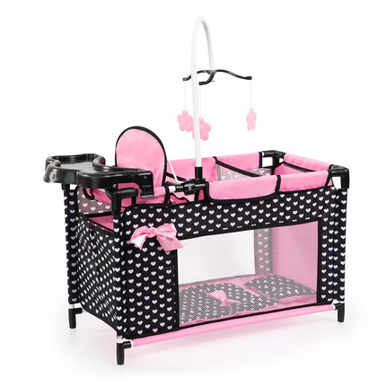 Doll bed with integrated high chair, changing tabl