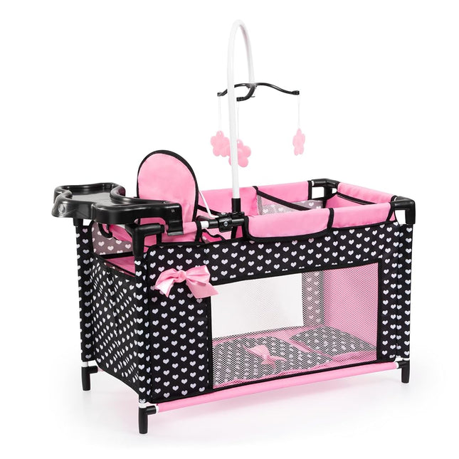 Doll bed with integrated high chair, changing tabl
