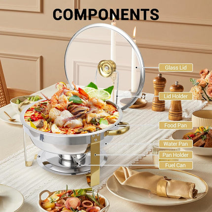 Chafing Dishes for Buffet Set of 2, 5QT Stainless Steel Buffet Serves and Warmers, Round Catering Food Warmers with Glass Lid & Lid Holder for Parties Gatherings Events Wedding Banquet, Gold