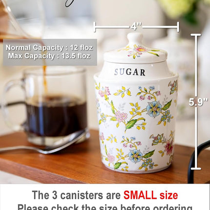 25DOL Coffee Tea Sugar Canister Set with Airtight Lids - Elegant Flower Kitchen Canisters Set of 3 Pantry Jars Containers - Decorative Ceramic Canister Set for Countertop or Coffee Bar - 13.5 Ounce …