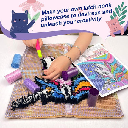Fantasy Unicorn Latch Hook Kits for Adults Kids, Beginners DIY Throw Pillow Kit Pre-Printed Pillowcase Hook and Latch Rug Kits Cross-Stitch Cushion Cover for Home Sofa Decor Gift Idea 17x17 inch