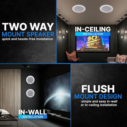 Ceiling and Wall Mount Speaker - 5.25” 2-Way 70V Audio Stereo Sound Subwoofer Sound with Dome Tweeter, 300 Watts, In-Wall & In-Ceiling Flush Design for Home Surround System - Pyle PDIC53T (White)