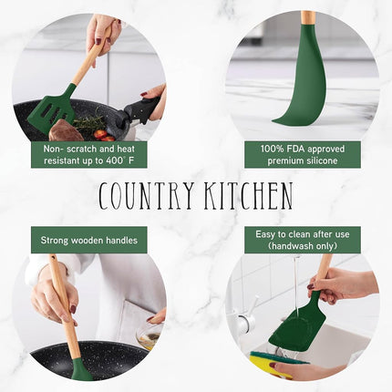 Country Kitchen Non Stick Silicone Utensil Set with Rounded Wood Handles for Cooking and Baking, 14 Piece Set, Green
