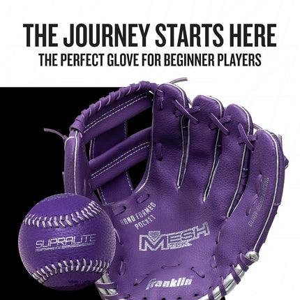 Franklin Sports Teeball Glove and Ball Set - Meshtek Teeball Glove and Foam Baseball - Purple/Silver - 9.5" Left Hand Throw, Purple/Chrome, (Model: 22809L)