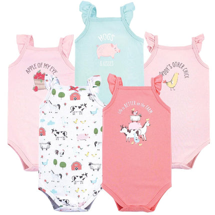 Hudson Baby Unisex Baby Cotton Sleeveless Bodysuits, Girl Farm Animals, 6-9 Months