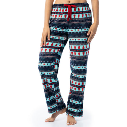 Fruit of the Loom Women's Sueded Jersey Crew Top and Fleece Pant Sleep Set, Red/Winter Fairisle, L