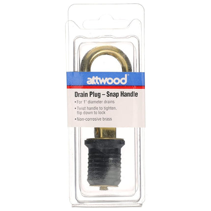 attwood 7524A7 Snap-Handle Drain Plug, For 1-Inch-Diameter Drains, Locks in Place, Brass Handle, Rubber Plug