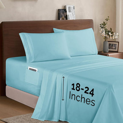 Elegant Comfort Luxury 1500 Premium Hotel Quality Microfiber 4-Piece Sheet Set - Soft, All Around Elastic 18-24 Inches Deep Fitted Sheet - Extra Deep Pocket Sheets, Twin/Twin XL, Aqua