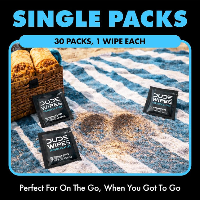 DUDE Wipes Flushable Wet Wipes 30 Wipes, Individually Wrapped for Travel, Unscented Wet Wipes with Vitamin-E & Aloe, Septic and Sewer Safe