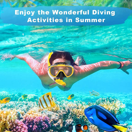 Snorkel Set, Dry Top Snorkeling Gear for Adults, Panoramic Anti-Leak and Anti-Fog Tempered Glass Lens, Adults Adjustable Snorkeling Set, Scuba Diving Swimming Training Snorkel Kit with Mesh Bag