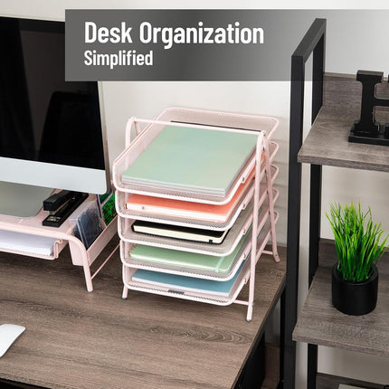Mind Reader 5-Tier Paper Tray, Desktop Organizer, File Storage, Workspace, Office, Metal Mesh, 11.75" L x 14" W x 15" H, Pink
