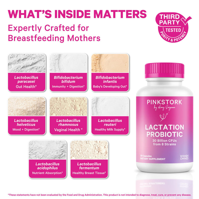 Pink Stork Total Lactation Probiotic: Nursing Probiotic for Women + 10 Billion CFU for Immune Health + Digestion + Gut Health + Breastfeeding + Colic Relief for Newborns, Women-Owned, 30 Capsules