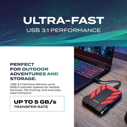 ADATA HD710 Pro 1TB HDD, USB 3.1, IP68 Waterproof/Shockproof/Dustproof Ruggedized External Hard Drive, Red (AHD710P-1TU31-CRD)