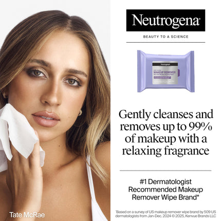 Toallitas desmaquillantes calmantes nocturnas Neutrogena, toallitas faciales desechables para la noche para eliminar la suciedad, el aceite y el maquillaje, 25 unidades, paquete doble