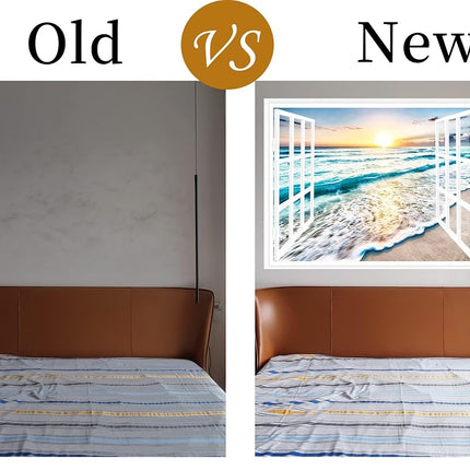 FLFK Fake Window Wall Sticker - Sunset Beach Faux Window Wall Mural for Wall Decor, Stick and Peel Wall Decals, 48"x32", Set of 2 Sheets