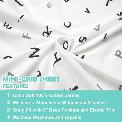 TL Care 100% Natural Cotton Value Jersey Knit Fitted Portable/Mini-Crib Sheet, Alphabet, Soft Breathable, for Boys & Girls