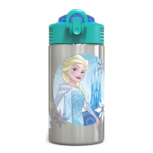 Zak Designs Frozen 15.5oz Stainless Steel Kids Water Bottle with Flip-up Straw Spout - BPA Free Durable Design, Frozen Girl SS