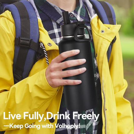 Volhoply 32 oz Insulated Water Bottles Bulk 4 Pack with Straw Lid & Spout Lid,Stainless Steel Sports Water Bottle,Double Wall Vacuum Cups,Leakproof Wide Mouth Metal Flask for Hiking,Camping(Mix,4)