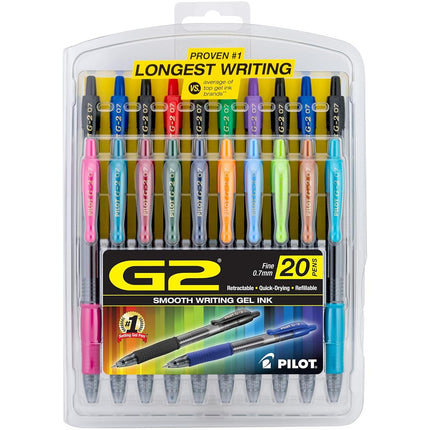 Pilot G2 Retractable Premium Gel Ink Roller Ball Pens, Fine Point, Pack of 20 Assorted Colors -31294