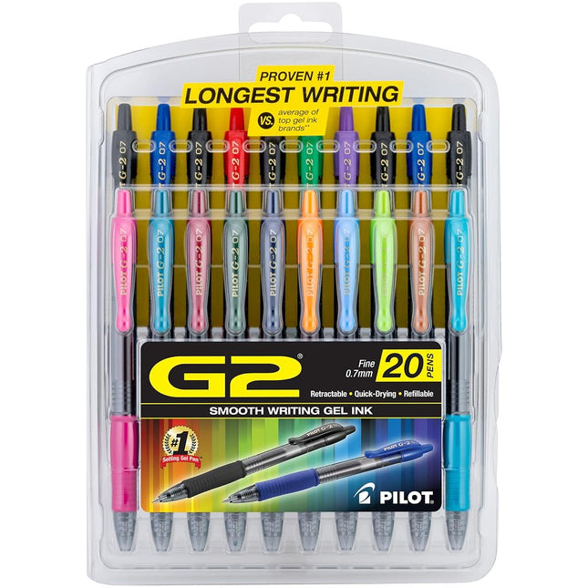 Pilot G2 Retractable Premium Gel Ink Roller Ball Pens, Fine Point, Pack of 20 Assorted Colors -31294