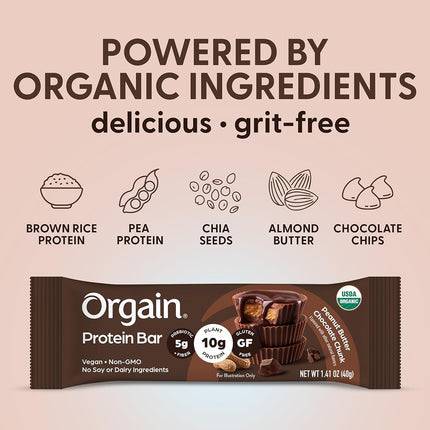 Orgain Organic Vegan Protein Bars, Peanut Butter Chocolate Chunk - 10g Plant Based Protein, Low Calorie Healthy Snacks, No Lactose or Soy Ingredients, Gluten Free, Non-GMO - 1.41 Oz (Pack of 12)