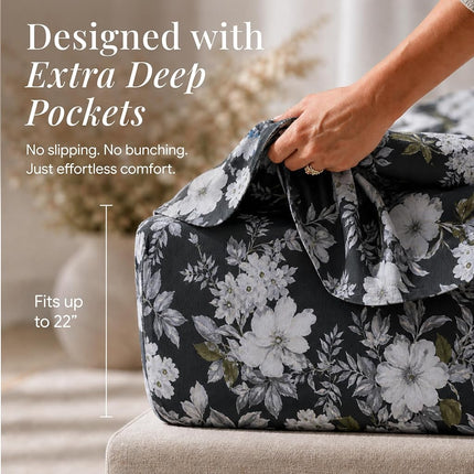 Tribeca Living Twin Bed Sheet Set, 300 Thread Count Soft Cotton Sateen, Floral Print with Extra Deep Pockets, 3-Piece Bedding Set, Vernazza Charcoal/Multicolor