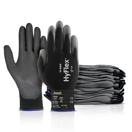 Ansell HyFlex 11-600 Nylon Polyurethane Glove Gray Polyurethane Coating Knit Wrist Cuff Medium Size 8 (Pack of 12 Pairs)
