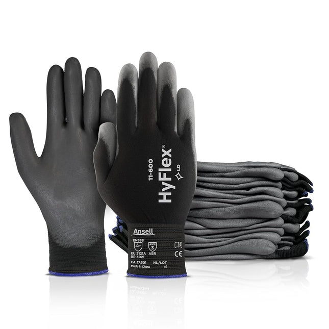Ansell HyFlex 11-600 Nylon Polyurethane Glove Gray Polyurethane Coating Knit Wrist Cuff Medium Size 8 (Pack of 12 Pairs)