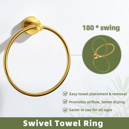 APLusee Hand Towel Ring Brushed Gold, SUS 304 Stainless Steel Round Towel Holder for Contemporary Bathroom Toilet Kitchen Storage, Wall Mounted