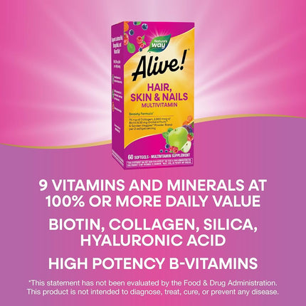Nature's Way Alive!® Hair, Skin & Nails Multivitamin with Biotin (5,000mcg per serving and Collagen (75mg per serving), Fruit & Veggie Blend (50mg per serving), 60 Softgels