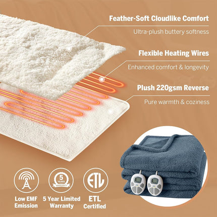 Manta Eléctrica Serta Térmica, Manta Eléctrica Tamaño Queen, Suave, Cálida, Difusa, Manta Calefactora Queen para Oficina, Sofá, Temporizador de Apagado Automático de 1-12 Horas, 10 Niveles de Calentamiento, Certificación ETL, Queen 84" x 90" Azul Marino