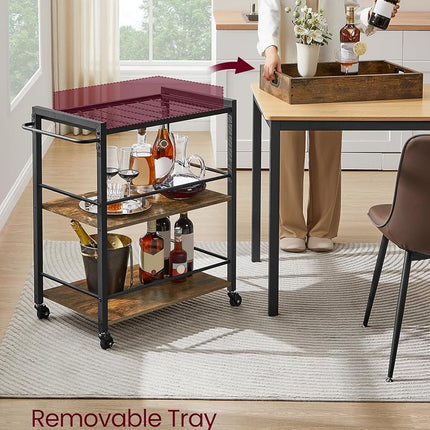 VASAGLE Industrial Bar Cart for The Home, Serving Cart with Wheels and Handle, 3-Tier Beverage Cart with Removable Tray and Storage Shelves for Living Room Kitchen, Rustic Brown and Black ULRC72X