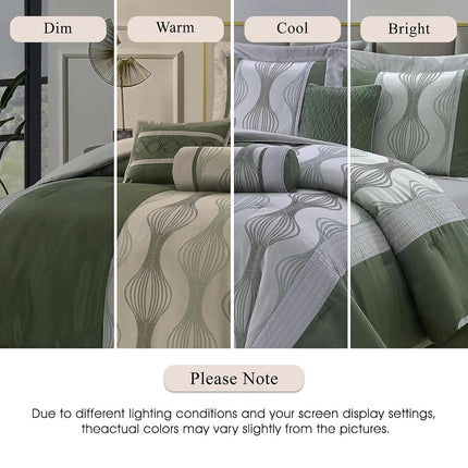 Stratford Park 7 Piece Green Comforter Set, King Size Jacquard Bedding Set, All Season Geometric Patchwork Bedding Set, Matching Pillows, Shams, Bed Skirt