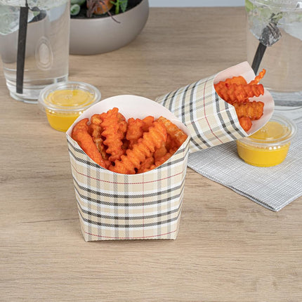 Bio Tek 4.5 x 3.2 x 3.9 Inch French Fry Cup, 100 Disposable Snack Cups - Stackable, Sustainable, Plaid Paper 3 Ounce Fry Holder, for Fries, Onion Rings, Popcorn, or Cookies - Restaurantware