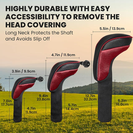 FINGER TEN Golf Club Head Covers for Woods Driver Fairway Hybrid Value 3/5 Pack, Long Headcover Interchangeable Accessories for Ultimate Club Protection (Red&Black(1D+2F+2H))