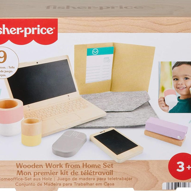 Fisher-Price Wood Pretend Play Work From Home Set, 9-Piece Office Playset with Wooden Toy Laptop & Phone for Preschool Kids Ages 3+ Years, HXV11